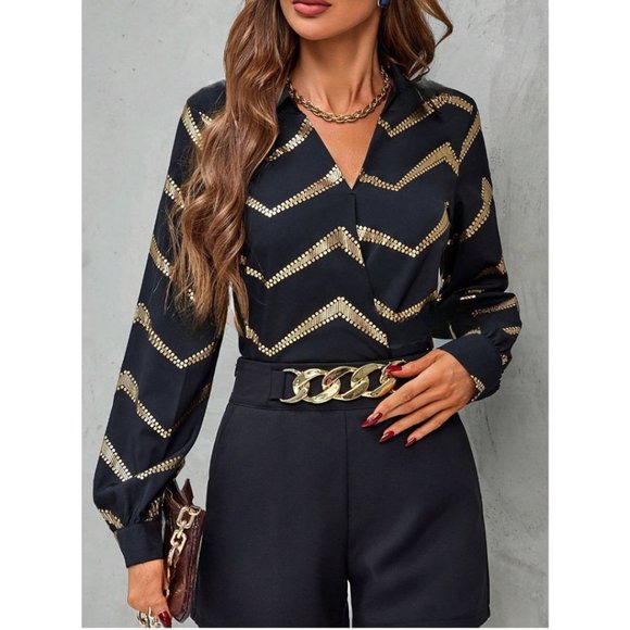 Chevron Print Lantern Sleeve Shirt Black - Picture 3 of 9